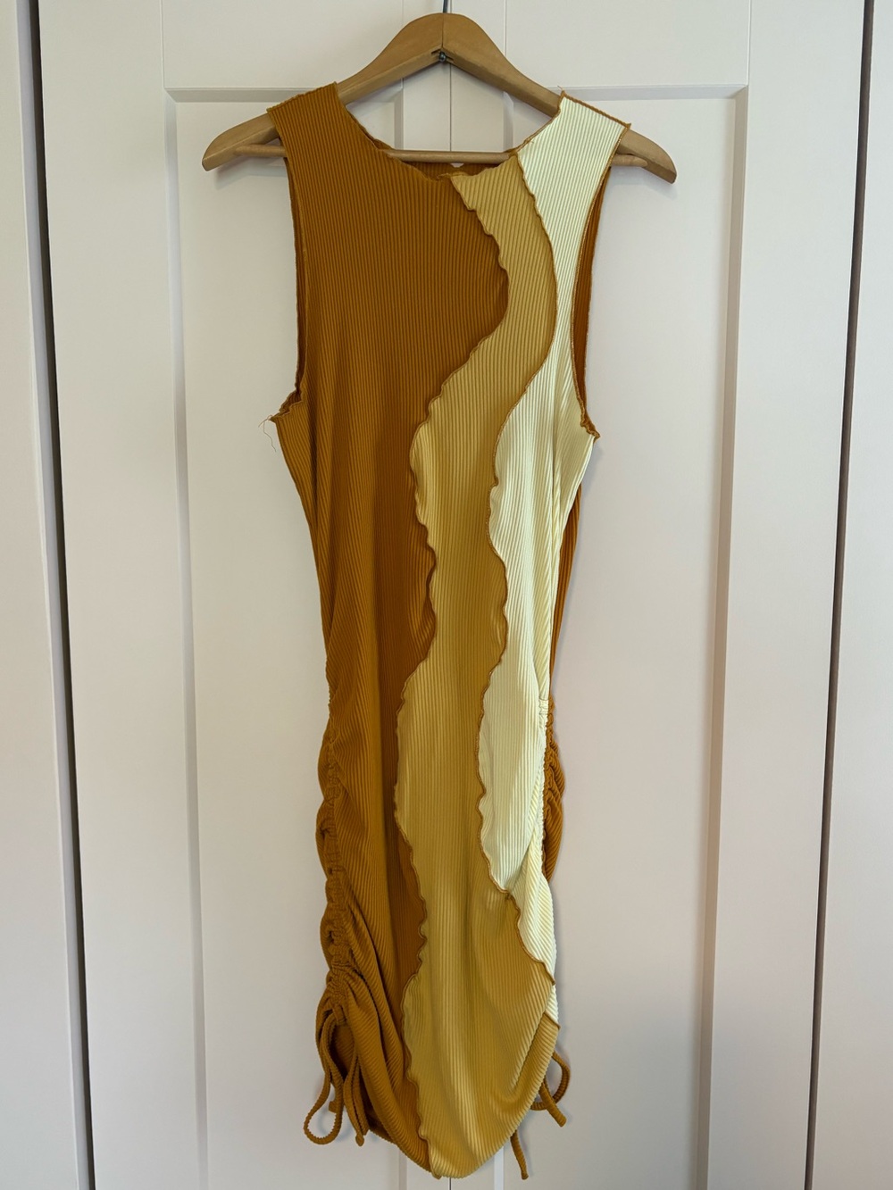 Sleeveless Ribbed Midi Dress in Mustard & Cream